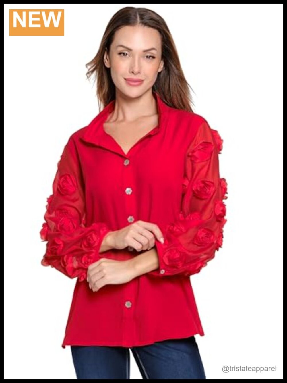 Womens Button Front Top Sheer 3D Rosette Wire Collar Tuxedo Shirt 3/4 Sleeve